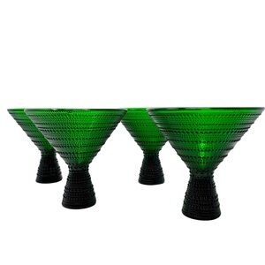 SET OF 4 VINTAGE-STYLE EMERALD GREEN  BEADED HOBNAIL FOOTED MARTINI GLASSES